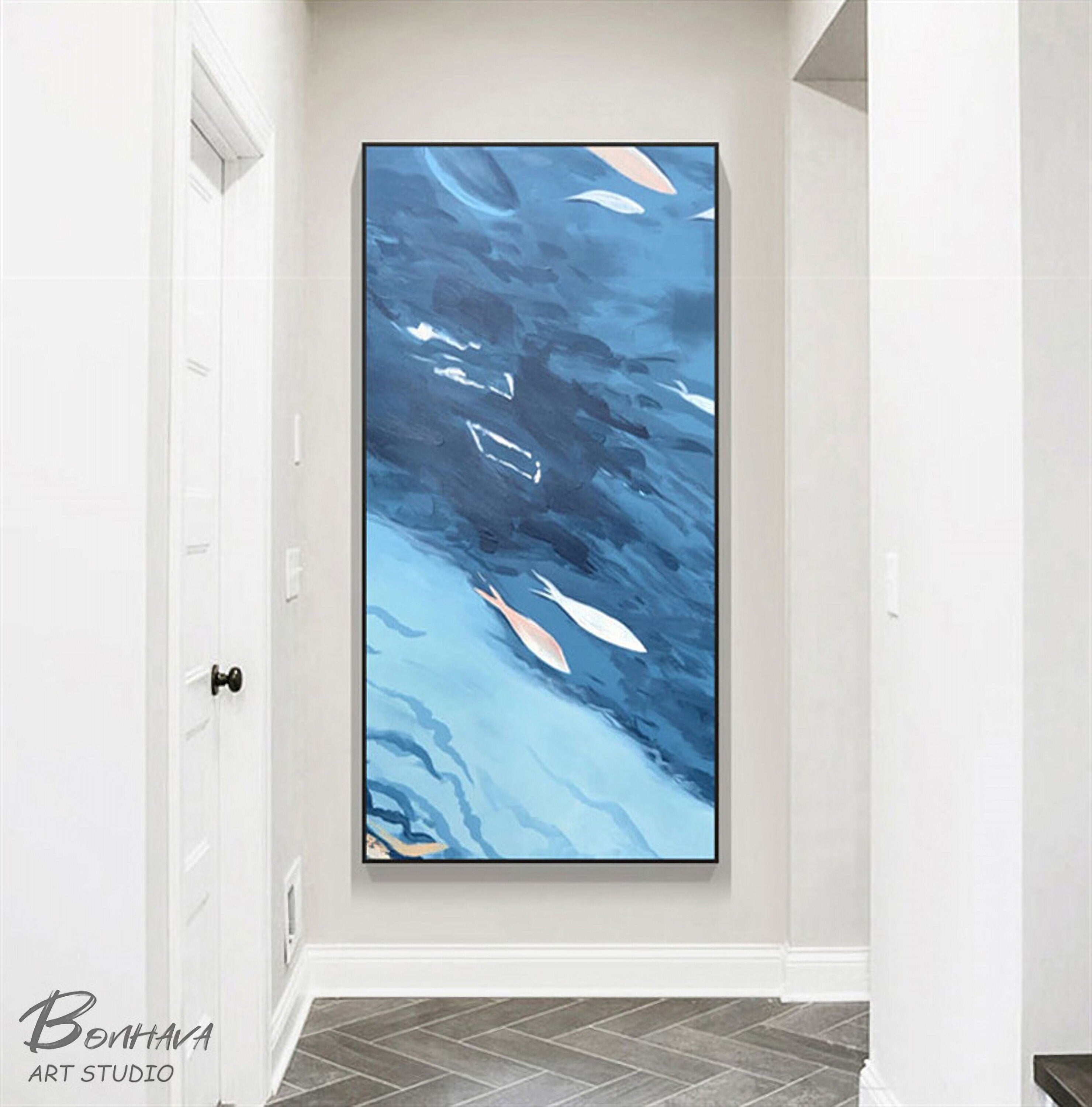 Large Blue Abstract Painting, Swimming fish, Acrylic Painting on Canvas, Original Minimalist Art