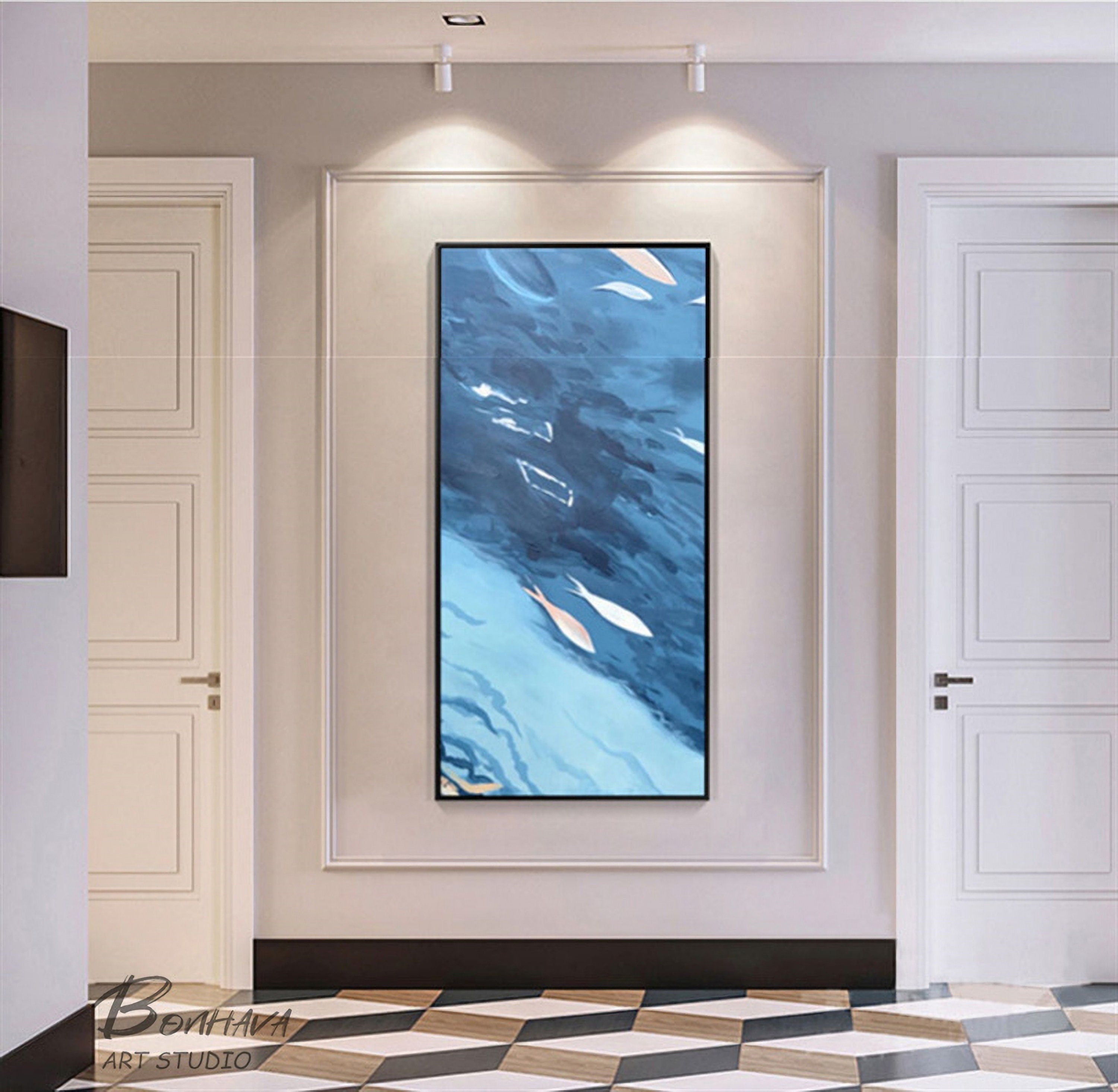 Large Blue Abstract Painting, Swimming fish, Acrylic Painting on Canvas, Original Minimalist Art