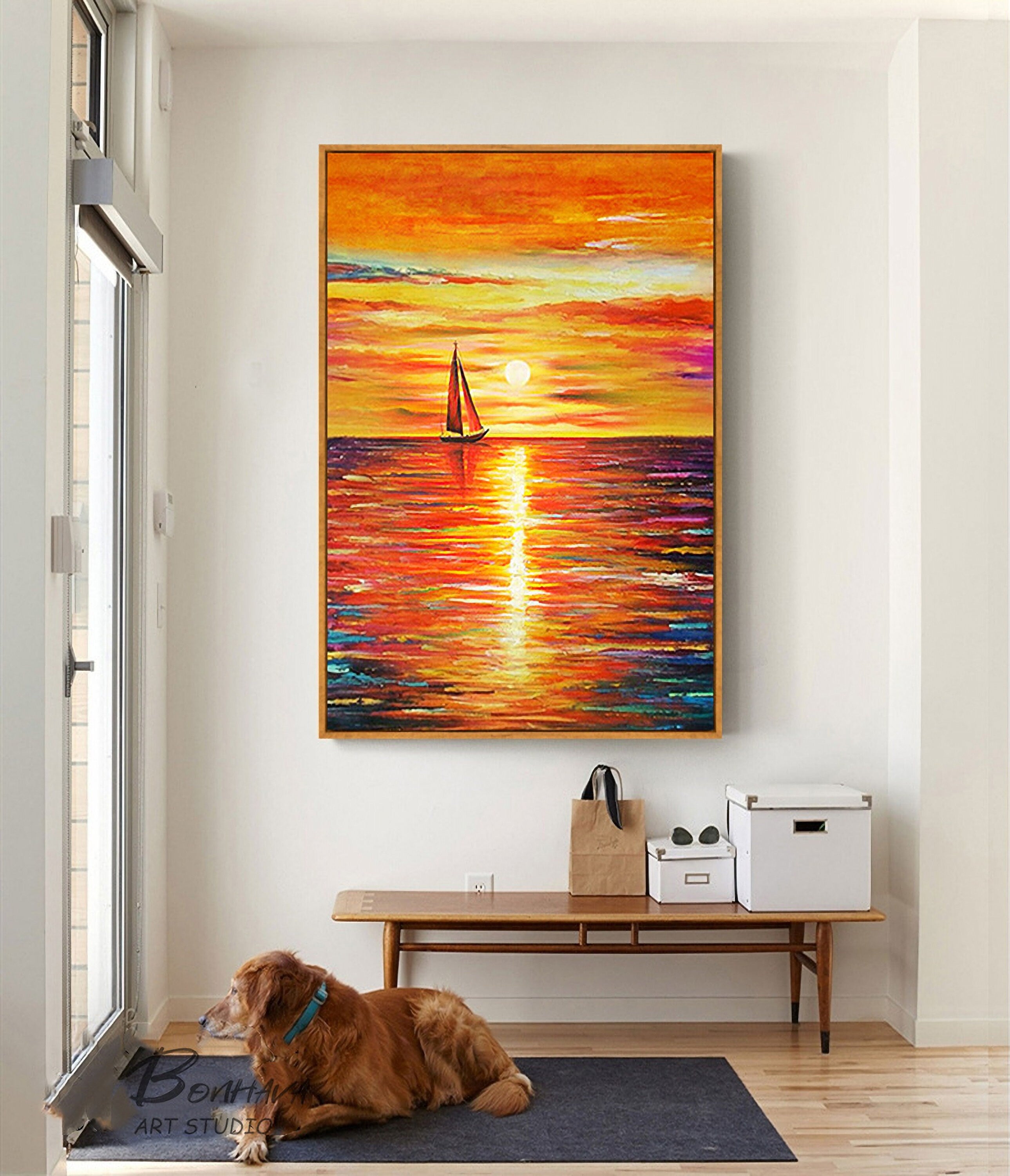 Sunset Abstract Painting, Sky Abstract Painting On Canvas, Orange Sunset Painting, Sea Abstract Canvas Wall Art