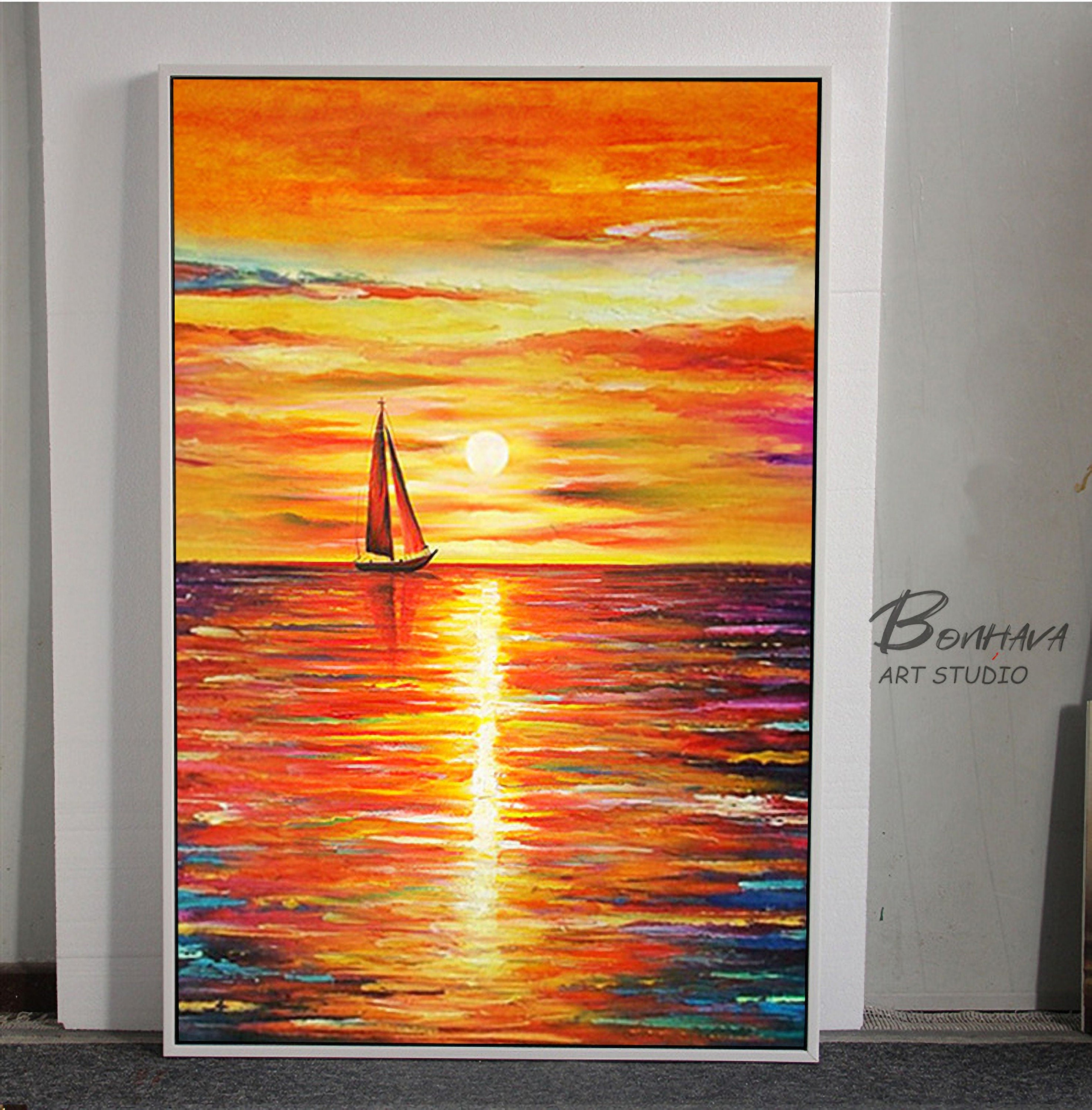 Sunset Abstract Painting, Sky Abstract Painting On Canvas, Orange Sunset Painting, Sea Abstract Canvas Wall Art