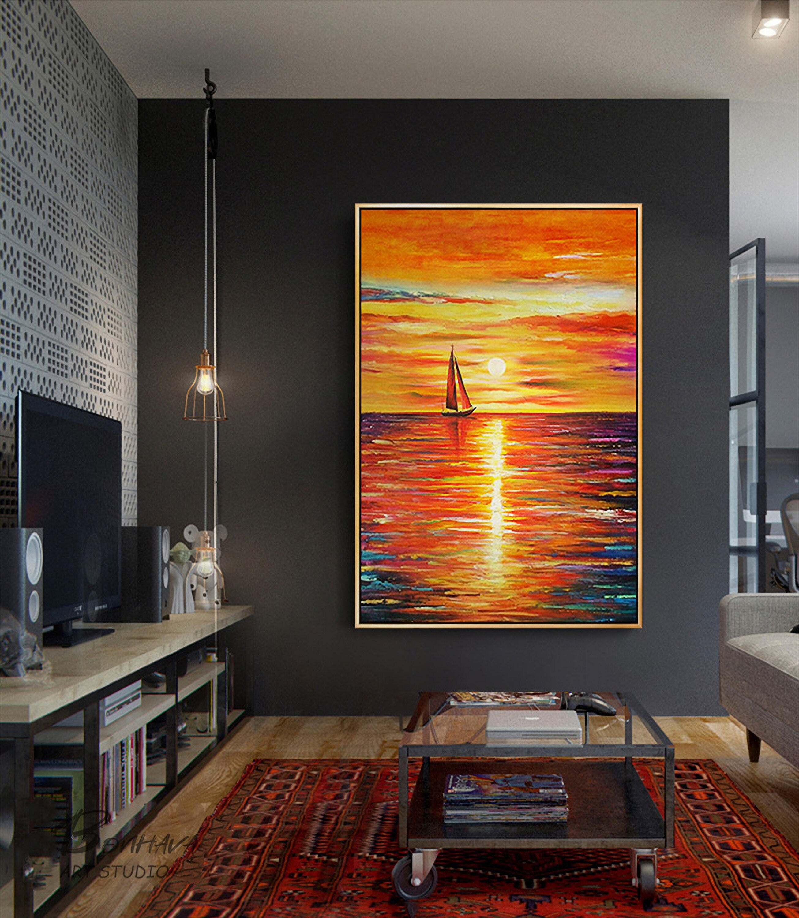 Sunset Abstract Painting, Sky Abstract Painting On Canvas, Orange Sunset Painting, Sea Abstract Canvas Wall Art