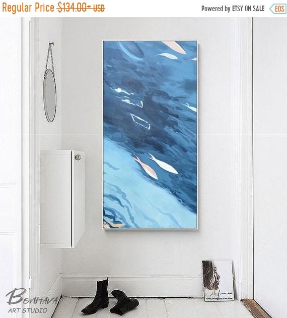 Large Blue Abstract Painting, Swimming fish, Acrylic Painting on Canvas, Original Minimalist Art