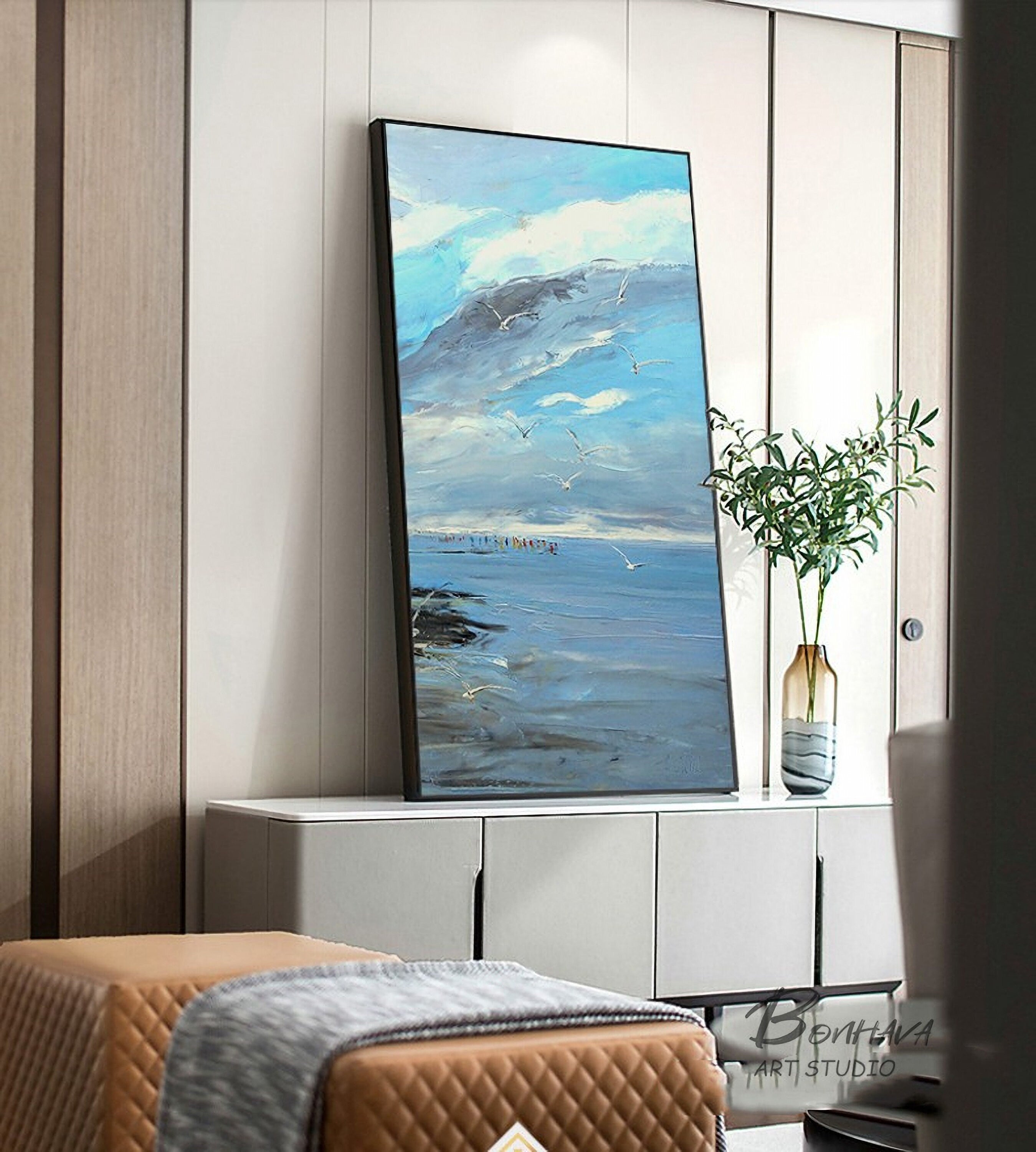 Large Blue Sky And Sea Abstract Painting, Beach Texture Painting, Ocean Canvas Painting, Seagull Oil Painting, Seascape…