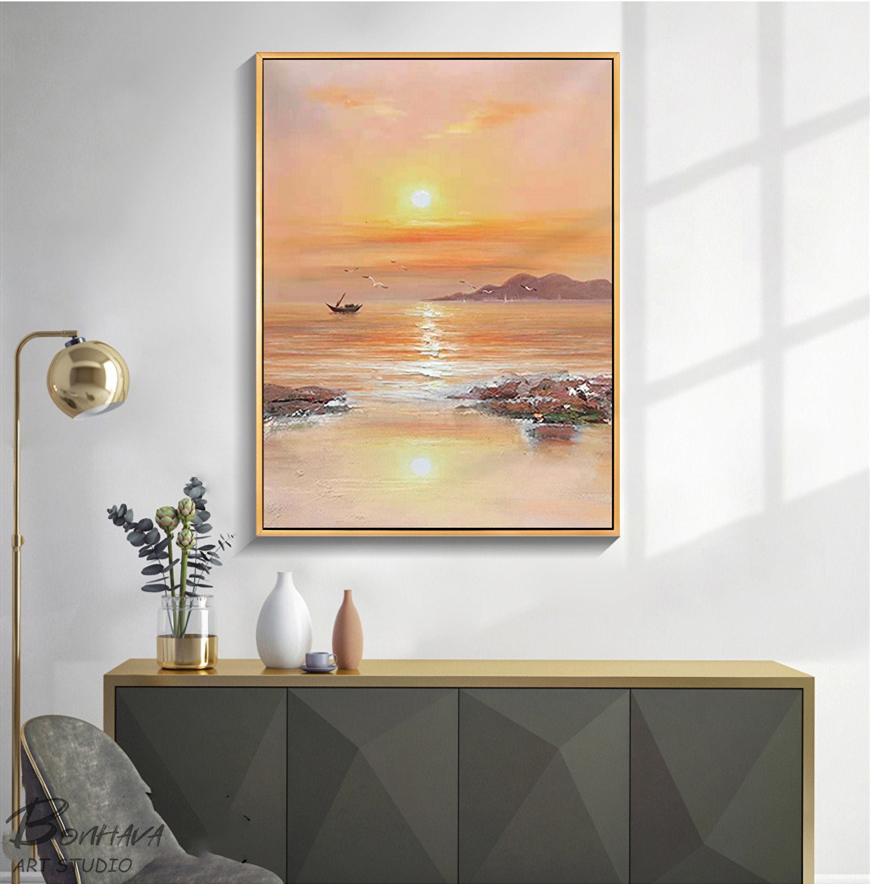 Sea Painting, Large Abstract Painting on Canvas, Large Yellow Abstract Painting, Seascape Oil Painting