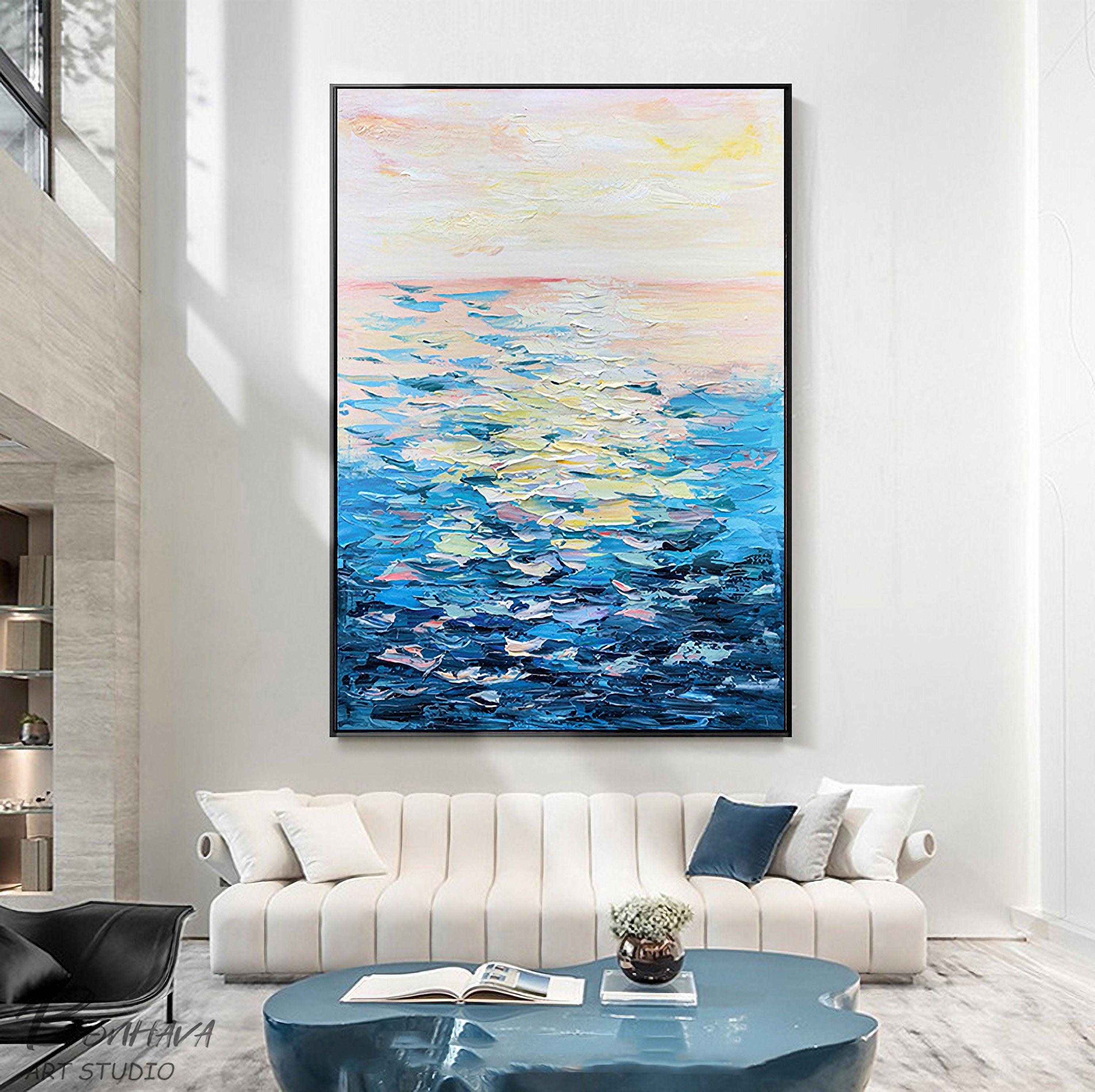 Seascape Abstract Oil Painting,Oil Painting on Canvas, Texture Blue Ocean Scenery Oil Painting, Hand-Painted Abstract Artwork