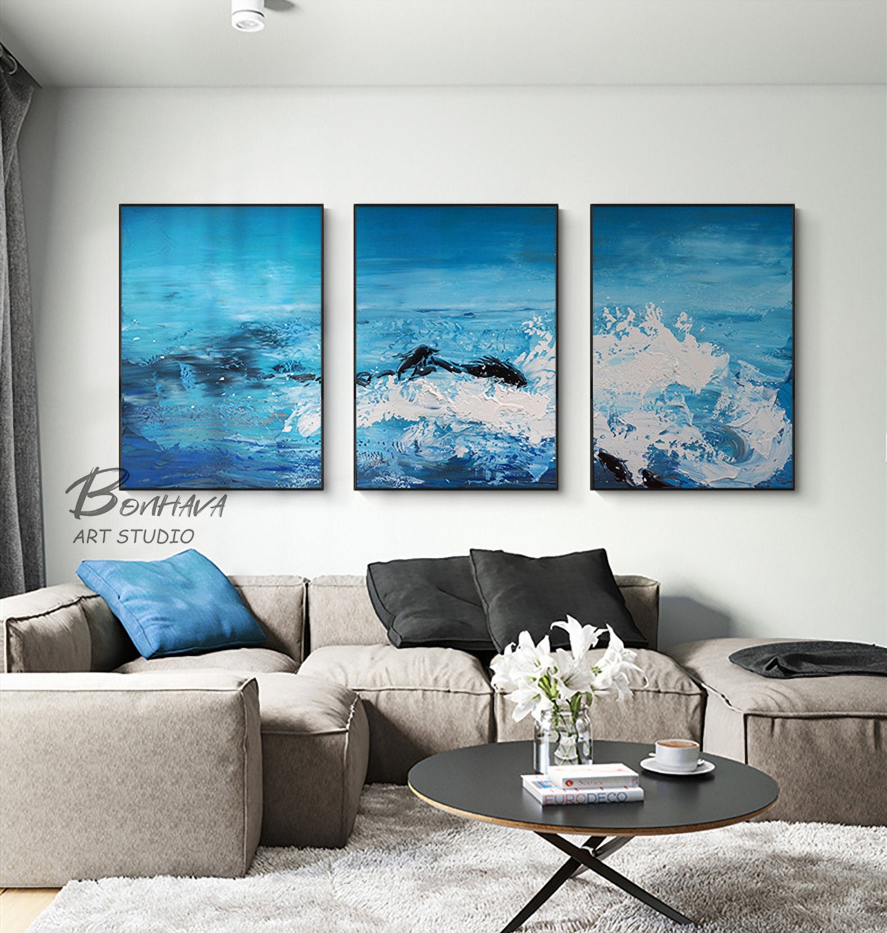 Blue Wave Seascape Wall Art Decor Abstract Canvas Painting Hand-Painted Oil Painting for Home Living Dining Room…