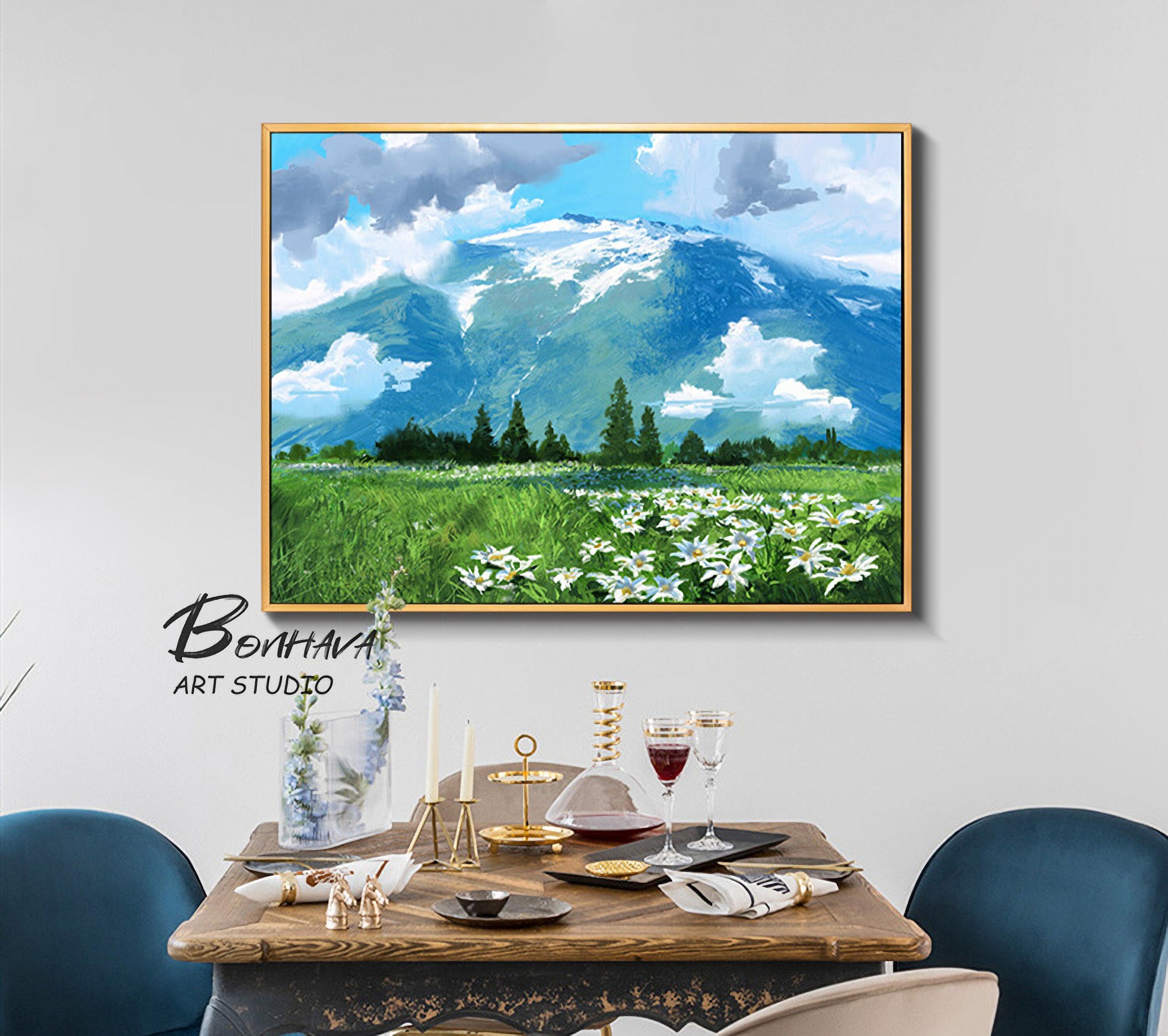 Mountain Painting Canvas Wall Art: Abstract Landscape Artwork Hand Painted on Canvas for Living Room (24” x 36”)