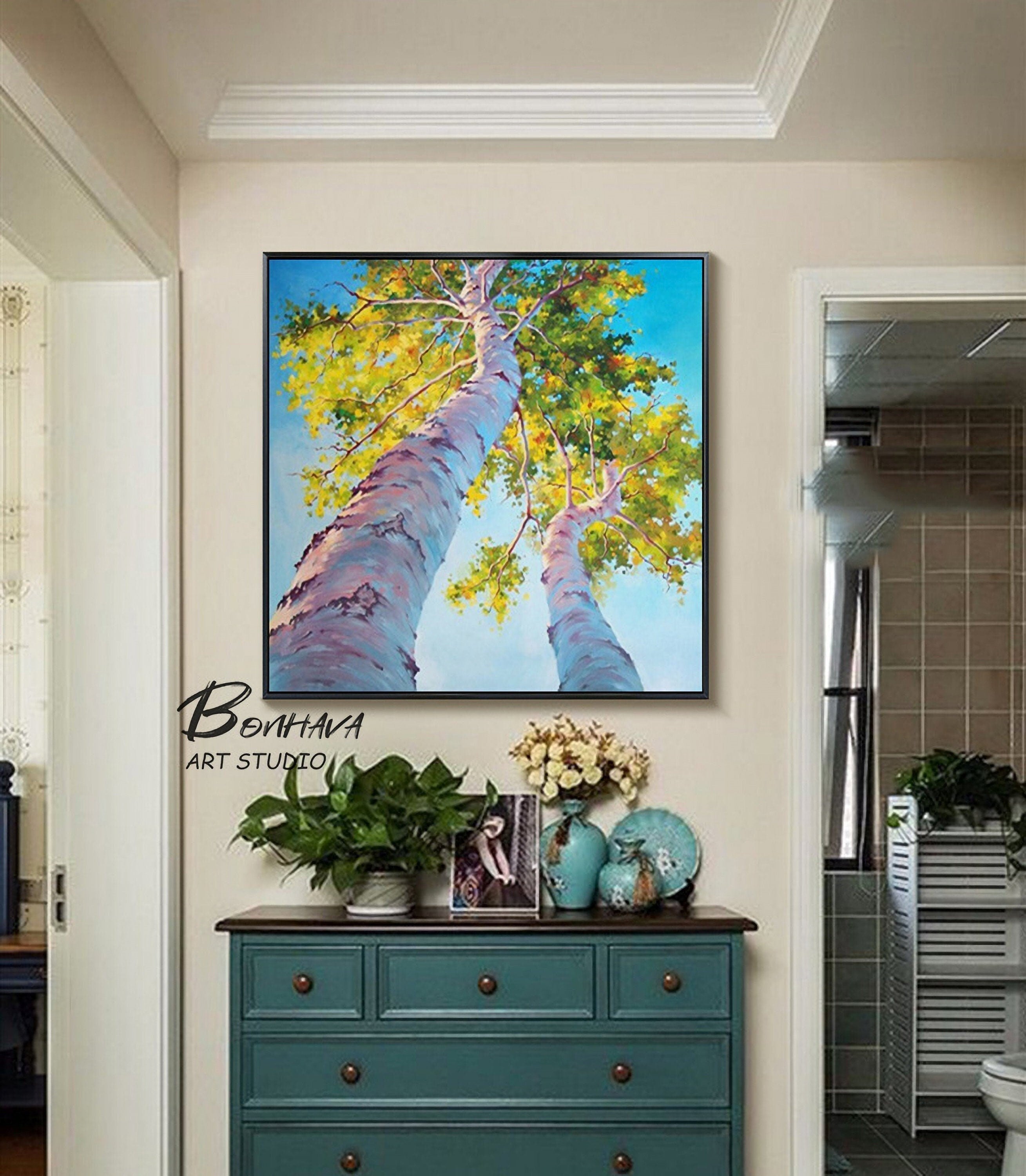 Tree Painting Abstract Wall Art: Green Birch Trees Painting Forest Landscape Artwork for Living Room (24” x 24'')