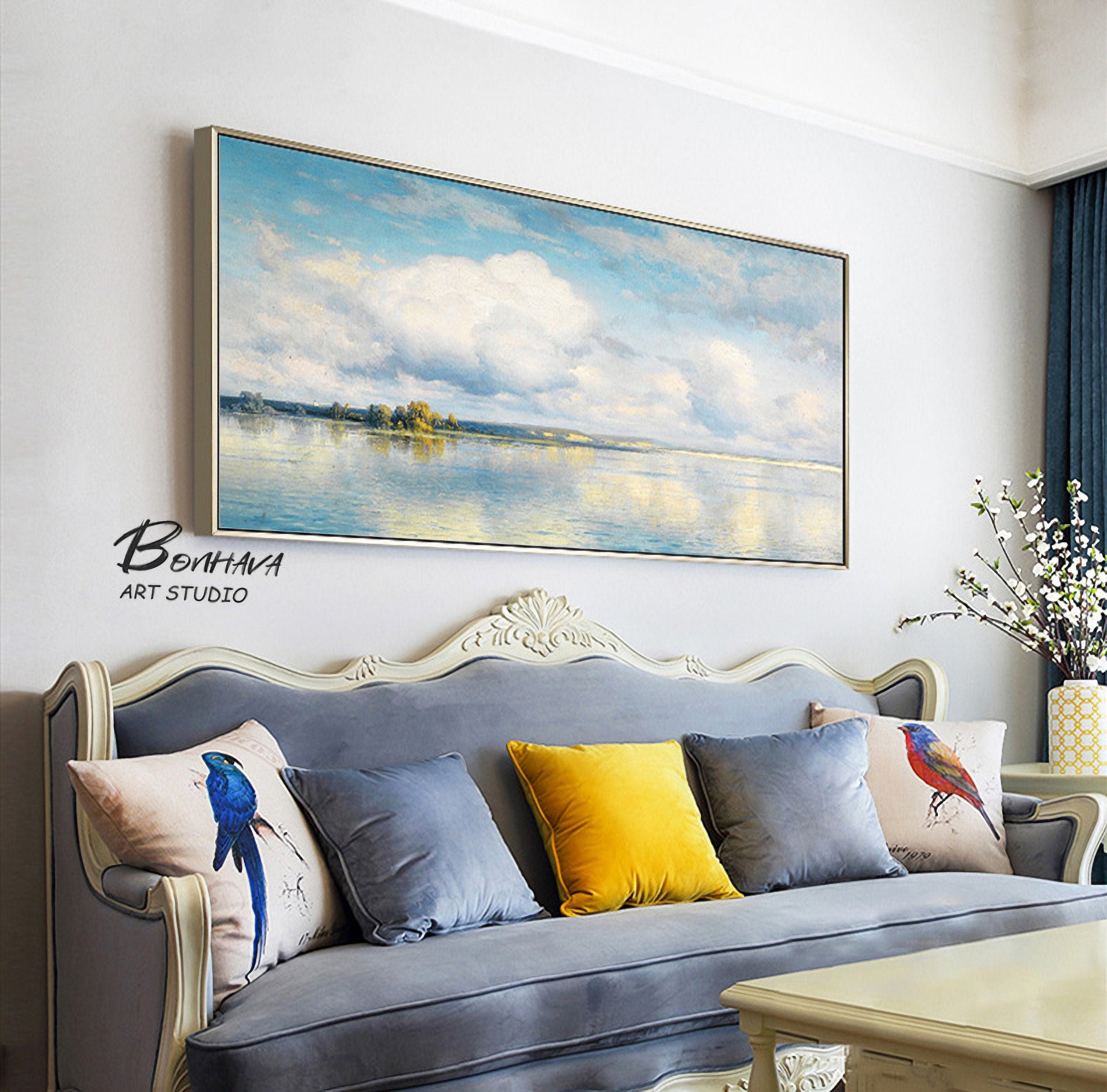 Abstract Canvas Wall Art Oil Painting Blue Sky Lake Natural Landscape 16"x32"