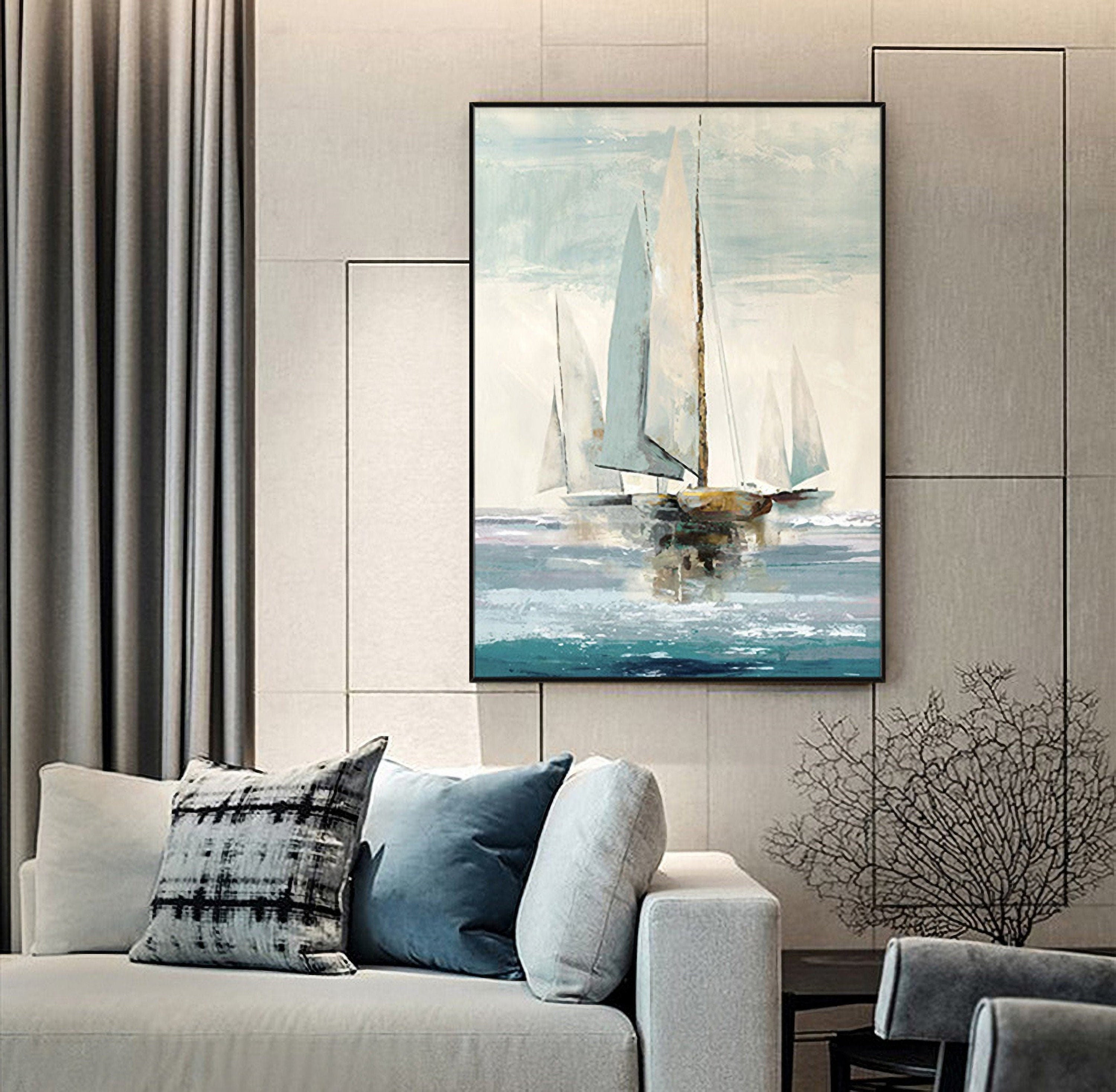 Sailing Boat In Ocean Painting Canvas Nautical Wall Art Unframed Modern Picture Hanging For Office Living Room artwork 20*28…