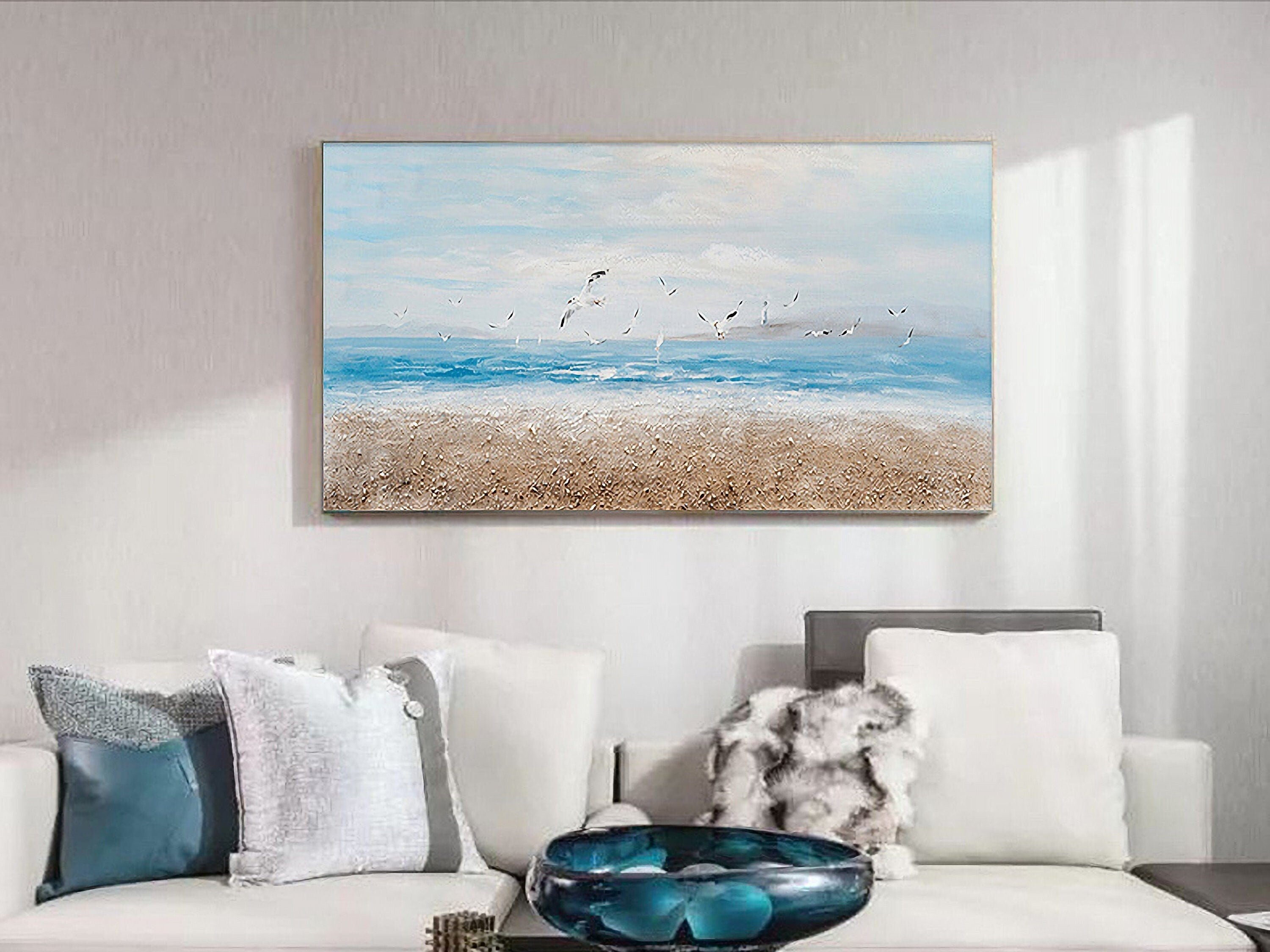 Abstract Ocean Artwork Coastal Picture: Beach Painting Sea Birds Wall Art Painting on Canvas for Office Living Room