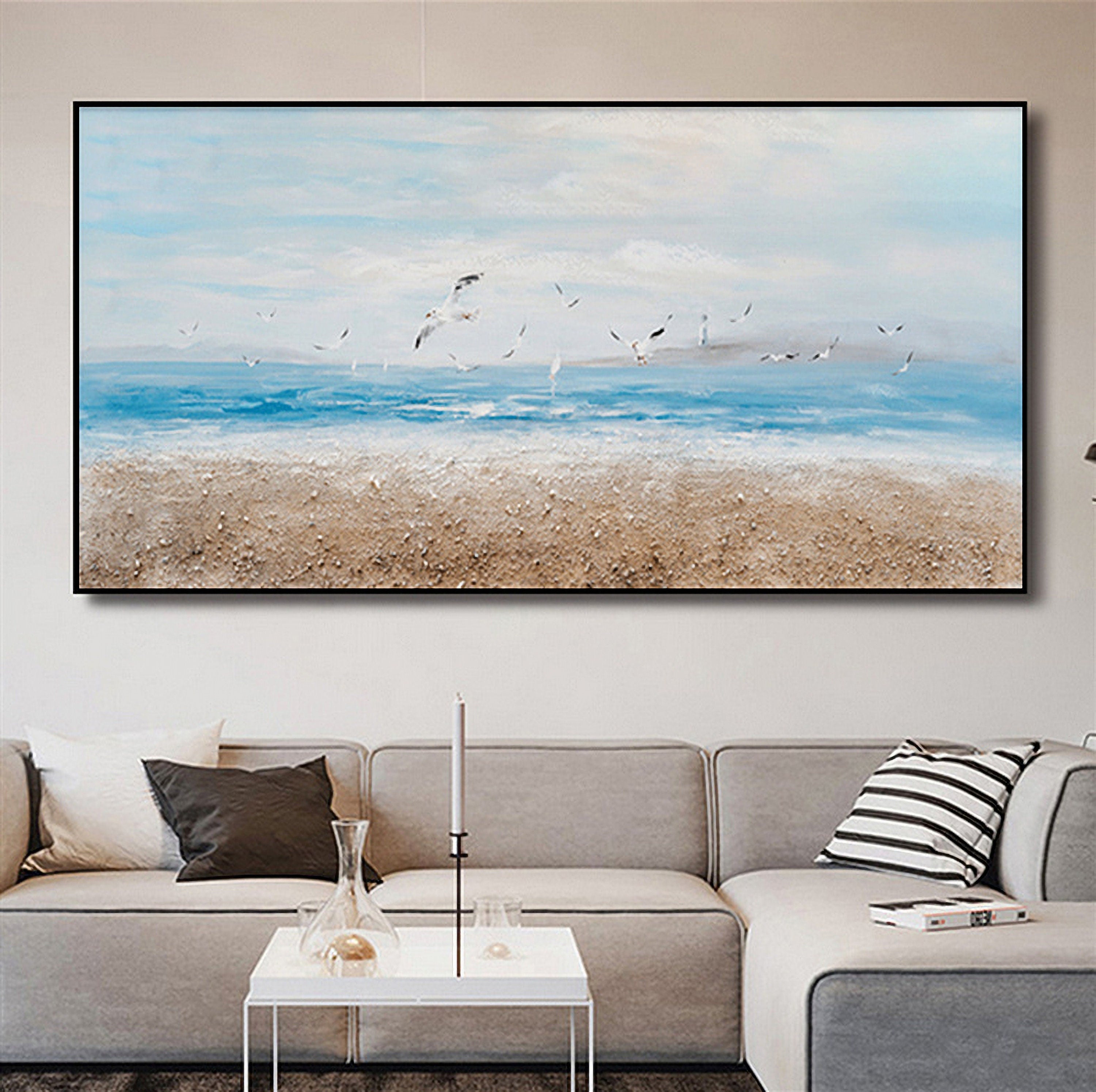 Abstract Ocean Artwork Coastal Picture: Beach Painting Sea Birds Wall Art Painting on Canvas for Office Living Room