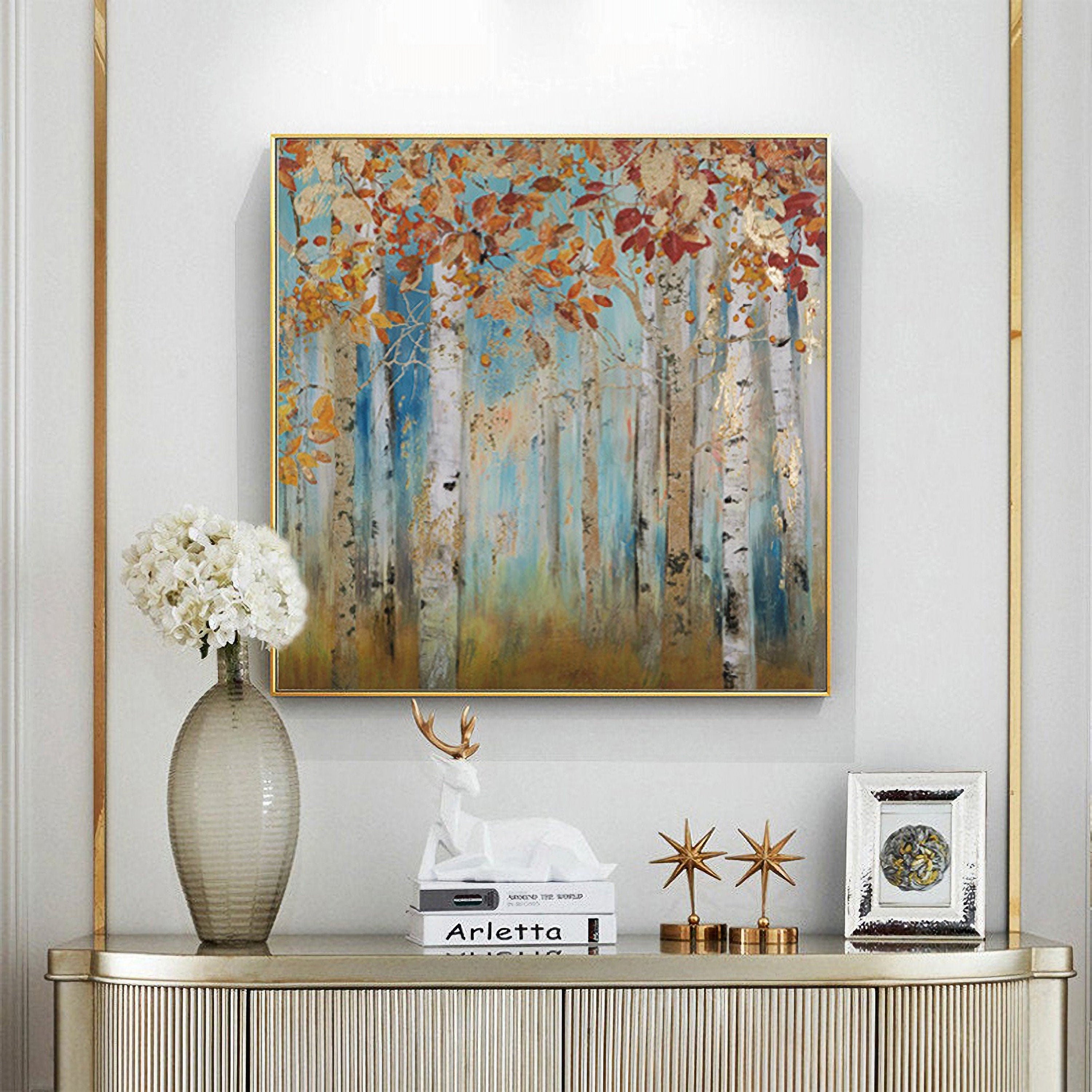 Abstract Landscape Canvas Artwork Painting: Yellow Birch Trees Painting Gold Foil Wall Art Painting on Canvas for Bedroom