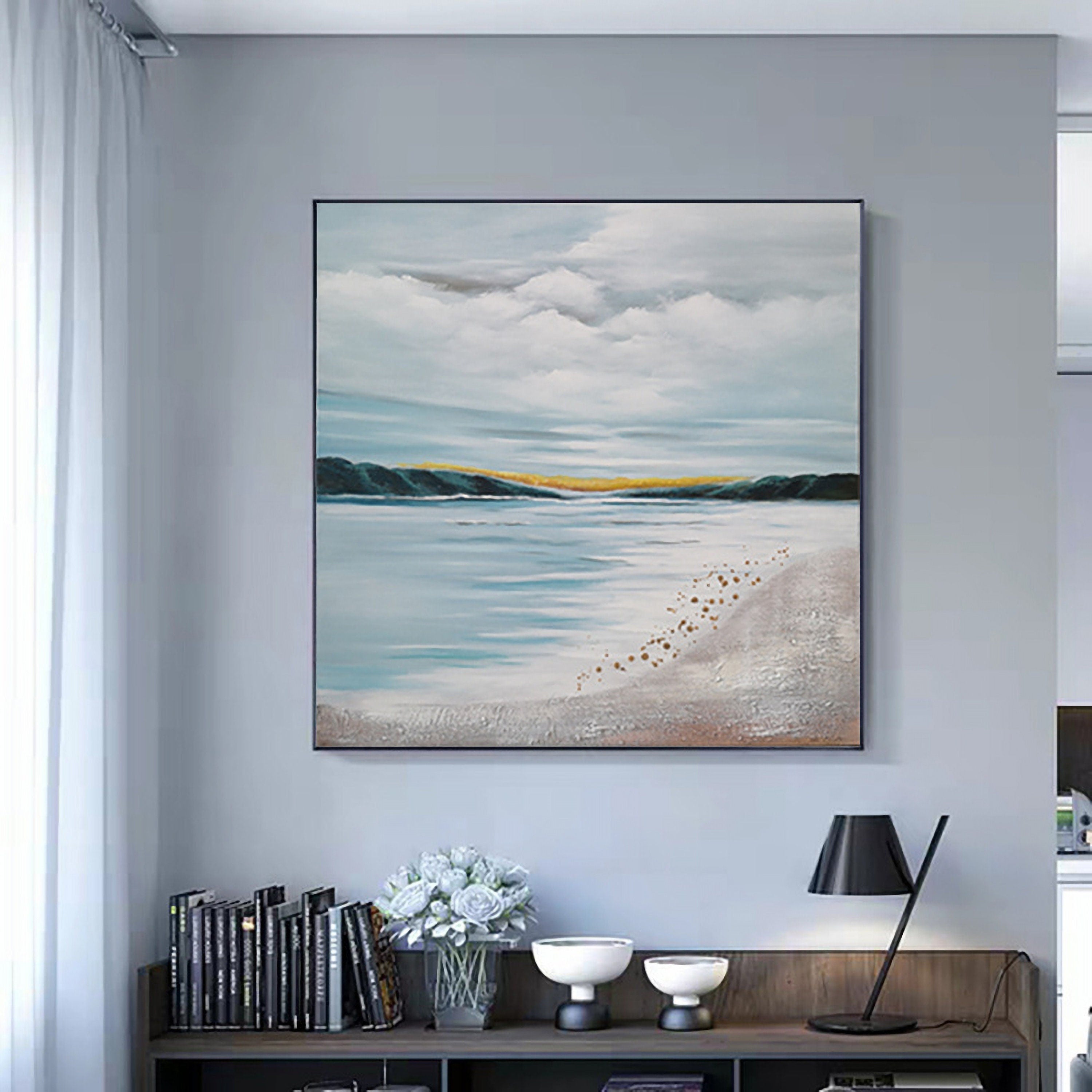 Ocean Wall Art Abstract Beach Painting, Coastal Wall Decor, Blue Seascape Painting for Living Room, Canvas Painting
