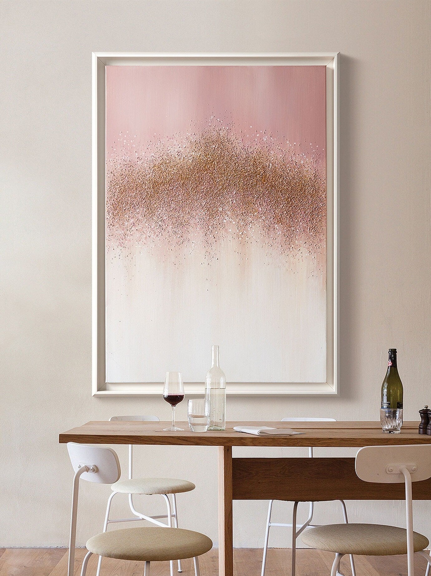 Pink Gold Painting, Abstract Glitter Canvas Wall Art, Abstract Oil Painting, Large Gold and White Painting