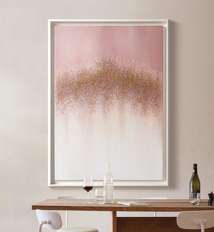 Pink Gold Painting, Abstract Glitter Canvas Wall Art, Abstract Oil Painting, Large Gold and White Painting