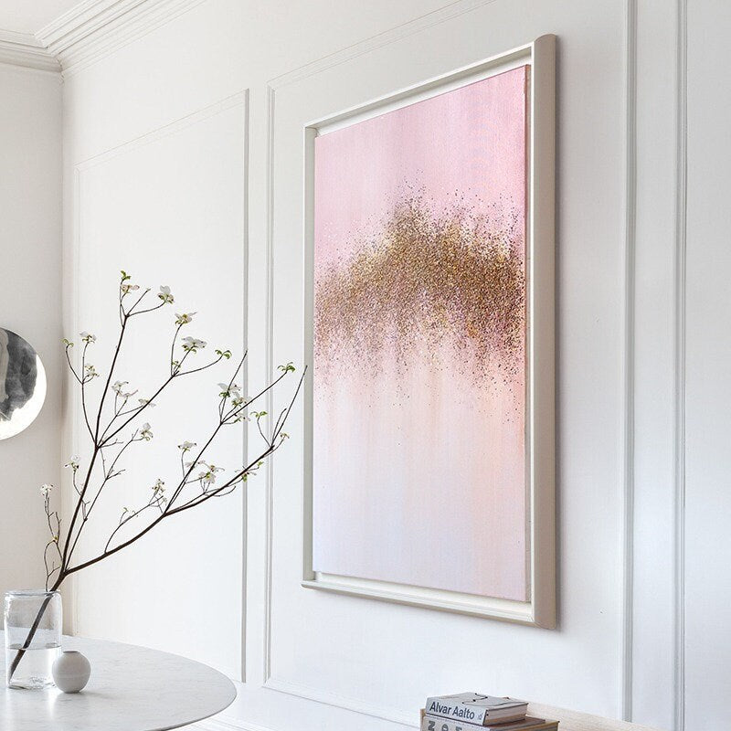Pink Gold Painting, Abstract Glitter Canvas Wall Art, Abstract Oil Painting, Large Gold and White Painting