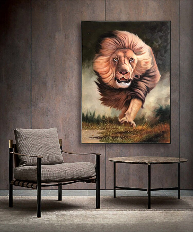 Original Animal Oil Painting, Running Lion Painting, Lion Canvas Wall Art, Animal Paintings on Canvas, 24*36 inches