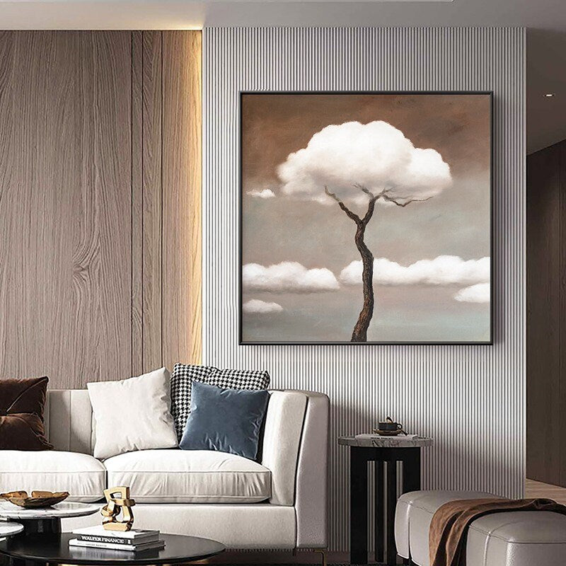 Original Surreal Oil Painting, Tree and Clouds Abstract Painting, Large Abstract Wall Art, Surrealism Canvas Painting