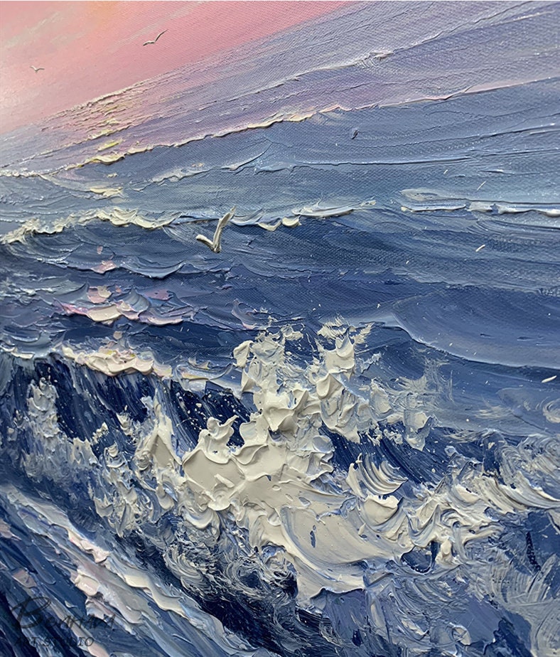 Seascape Acrylic, Ocean Wall Art, Sunset Painting Abstract Modern, Large Original Oil Painting, Oversized Abstract Textured…