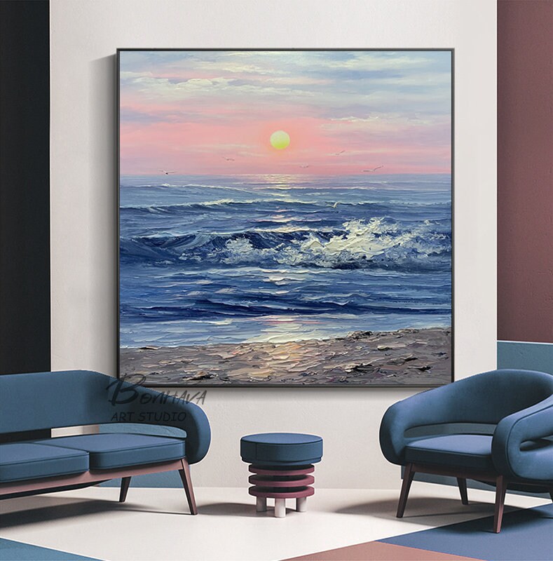 Seascape Acrylic, Ocean Wall Art, Sunset Painting Abstract Modern, Large Original Oil Painting, Oversized Abstract Textured…