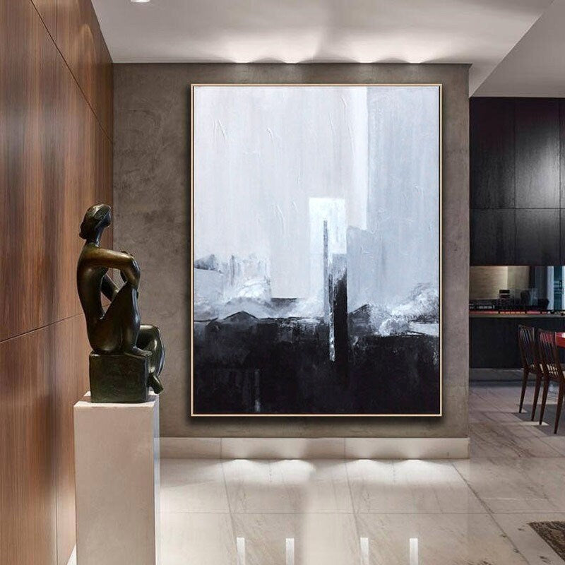 Original Abstract Painting, Black and White Minimalist Painting on Canvas, Large Canvas Wall Art for Bedroom