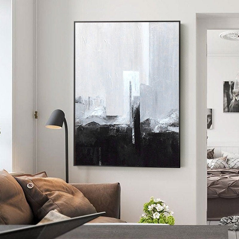 Original Abstract Painting, Black and White Minimalist Painting on Canvas, Large Canvas Wall Art for Bedroom