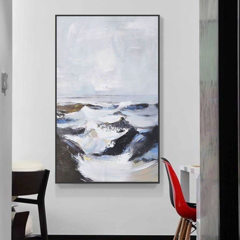 Large Ocean Waves Painting, Black and White Abstract Ocean Painting, Ocean Canvas Painting, Abstract Canvas Wall Art