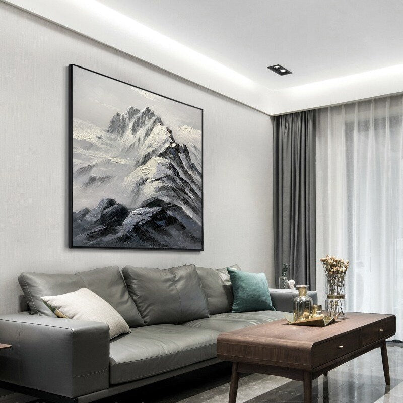Abstract Mountain Wall Art, Mountain Oil Painting, Canvas Art Mountain, Black and White Wall Art, Original Oil Painting