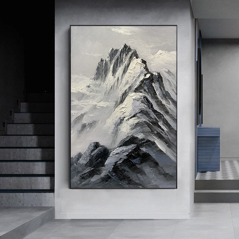 Abstract Mountain Wall Art, Mountain Oil Painting, Canvas Art Mountain, Black and White Wall Art, Original Oil Painting