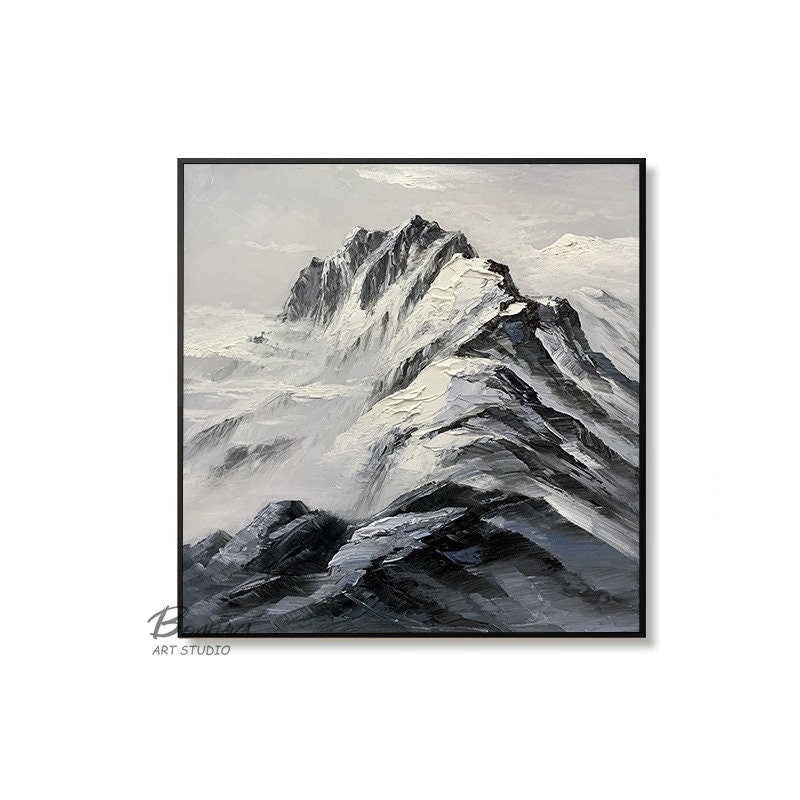 Abstract Mountain Wall Art, Mountain Oil Painting, Canvas Art Mountain, Black and White Wall Art, Original Oil Painting