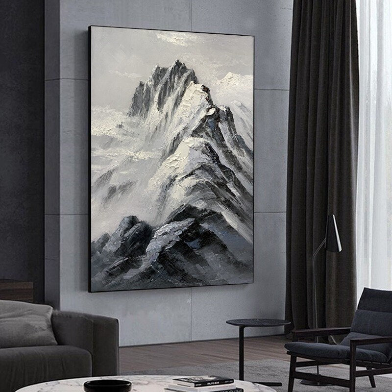 Abstract Mountain Wall Art, Mountain Oil Painting, Canvas Art Mountain, Black and White Wall Art, Original Oil Painting