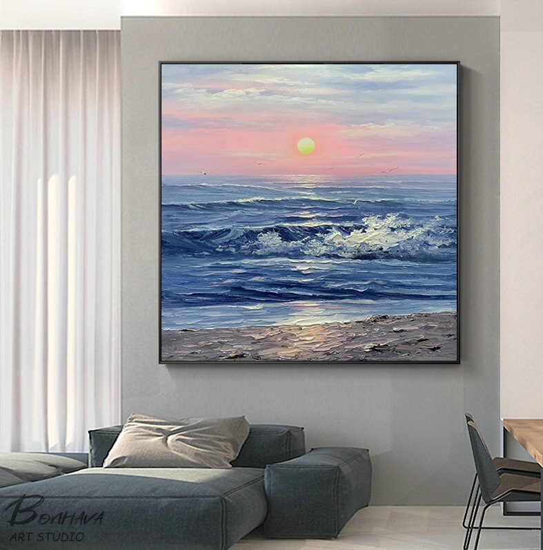 Seascape Acrylic, Ocean Wall Art, Sunset Painting Abstract Modern, Large Original Oil Painting, Oversized Abstract Textured…