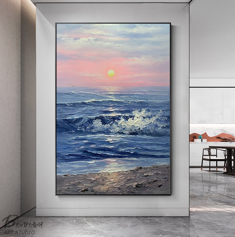 Seascape Acrylic, Ocean Wall Art, Sunset Painting Abstract Modern, Large Original Oil Painting, Oversized Abstract Textured…