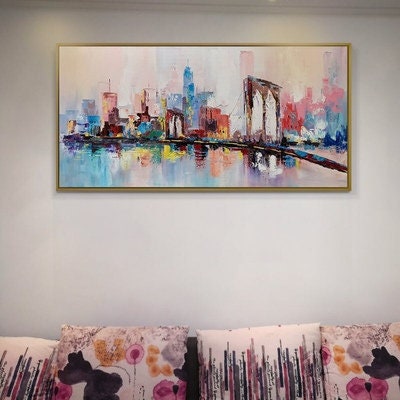 Large City Skyline Wall Art, New York City, Abstract Cityscape Oil Painting, Modern City Canvas Painting