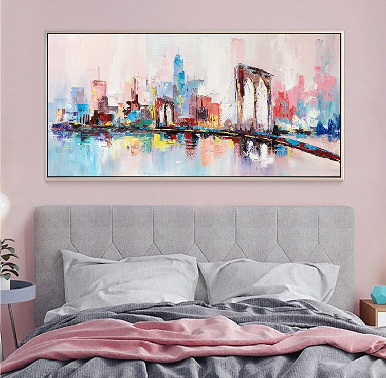 Large City Skyline Wall Art, New York City, Abstract Cityscape Oil Painting, Modern City Canvas Painting
