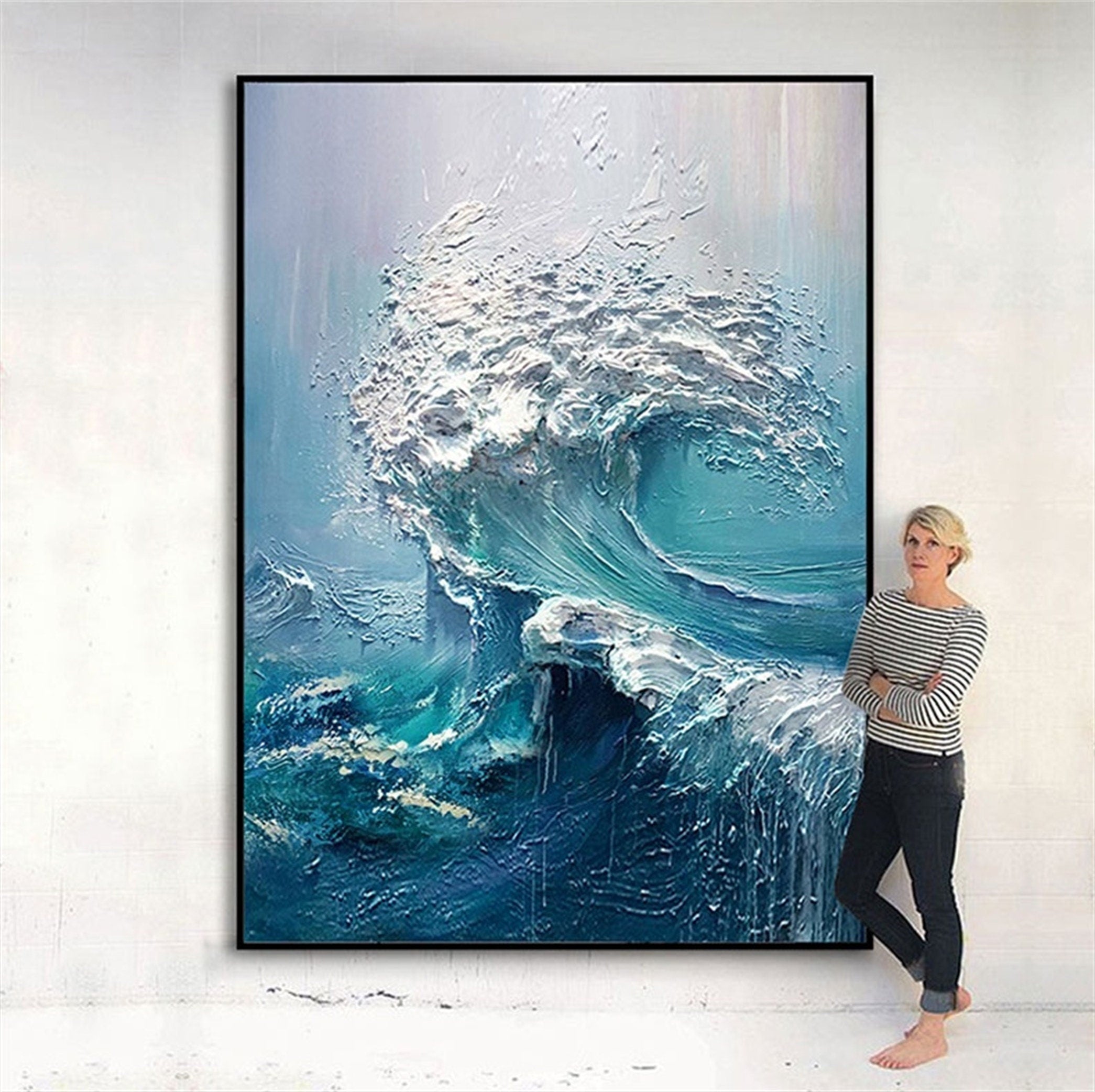 Abstract Ocean Waves Painting, Texture Waves Painting on Canvas, Seascape Canvas Wall Art, Blue Abstract Painting