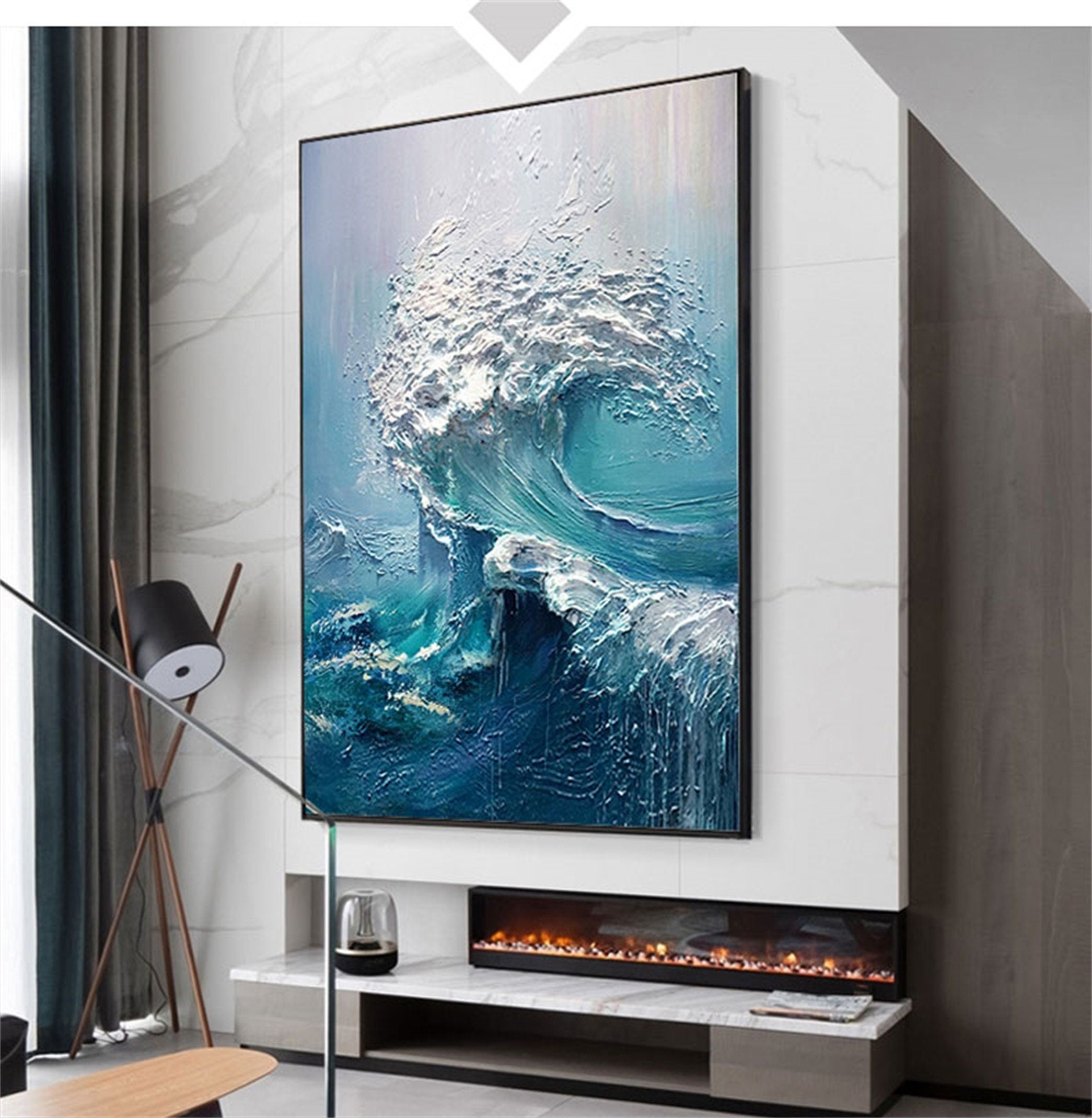 Abstract Ocean Waves Painting, Texture Waves Painting on Canvas, Seascape Canvas Wall Art, Blue Abstract Painting