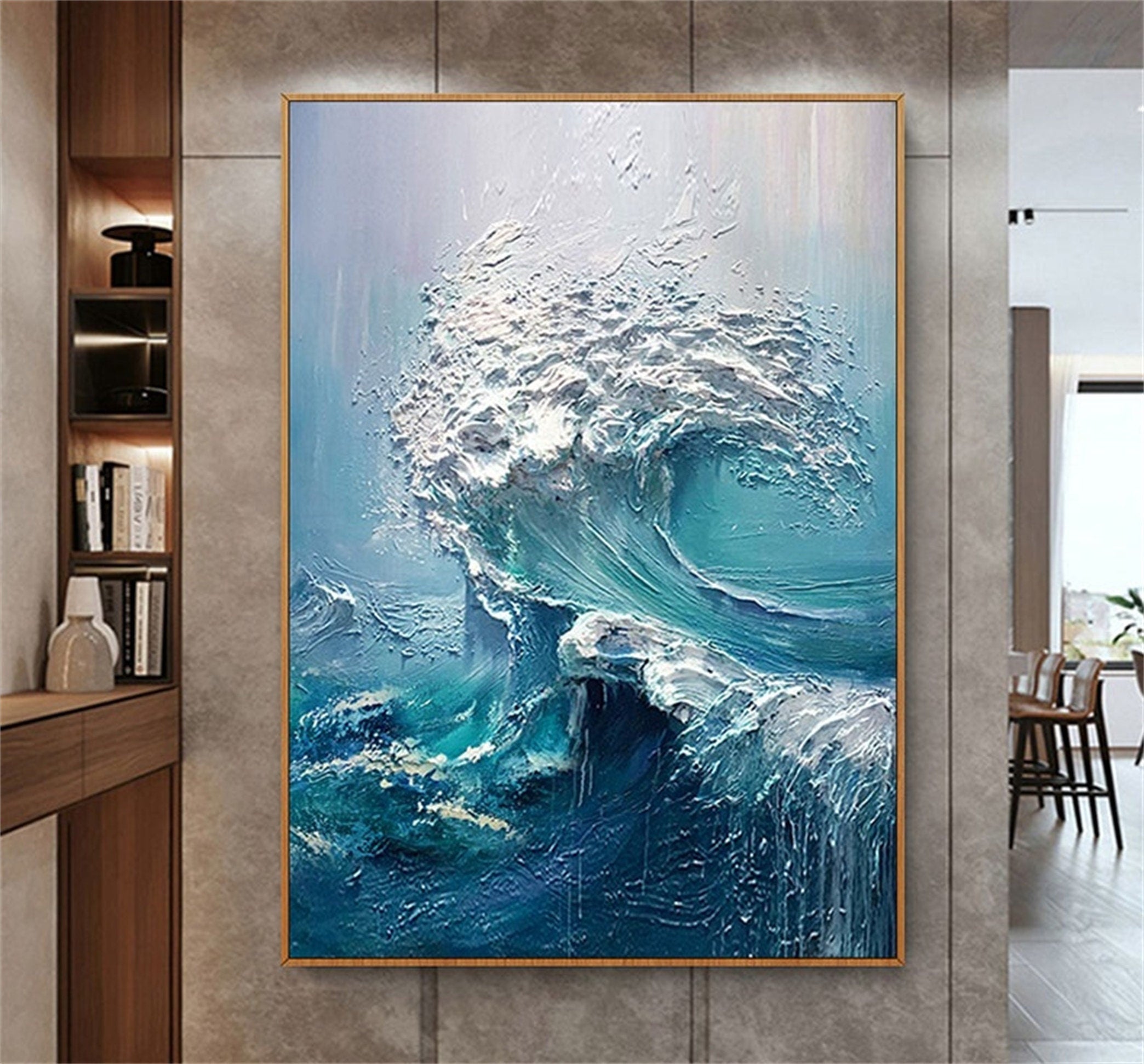 Abstract Ocean Waves Painting, Texture Waves Painting on Canvas, Seascape Canvas Wall Art, Blue Abstract Painting