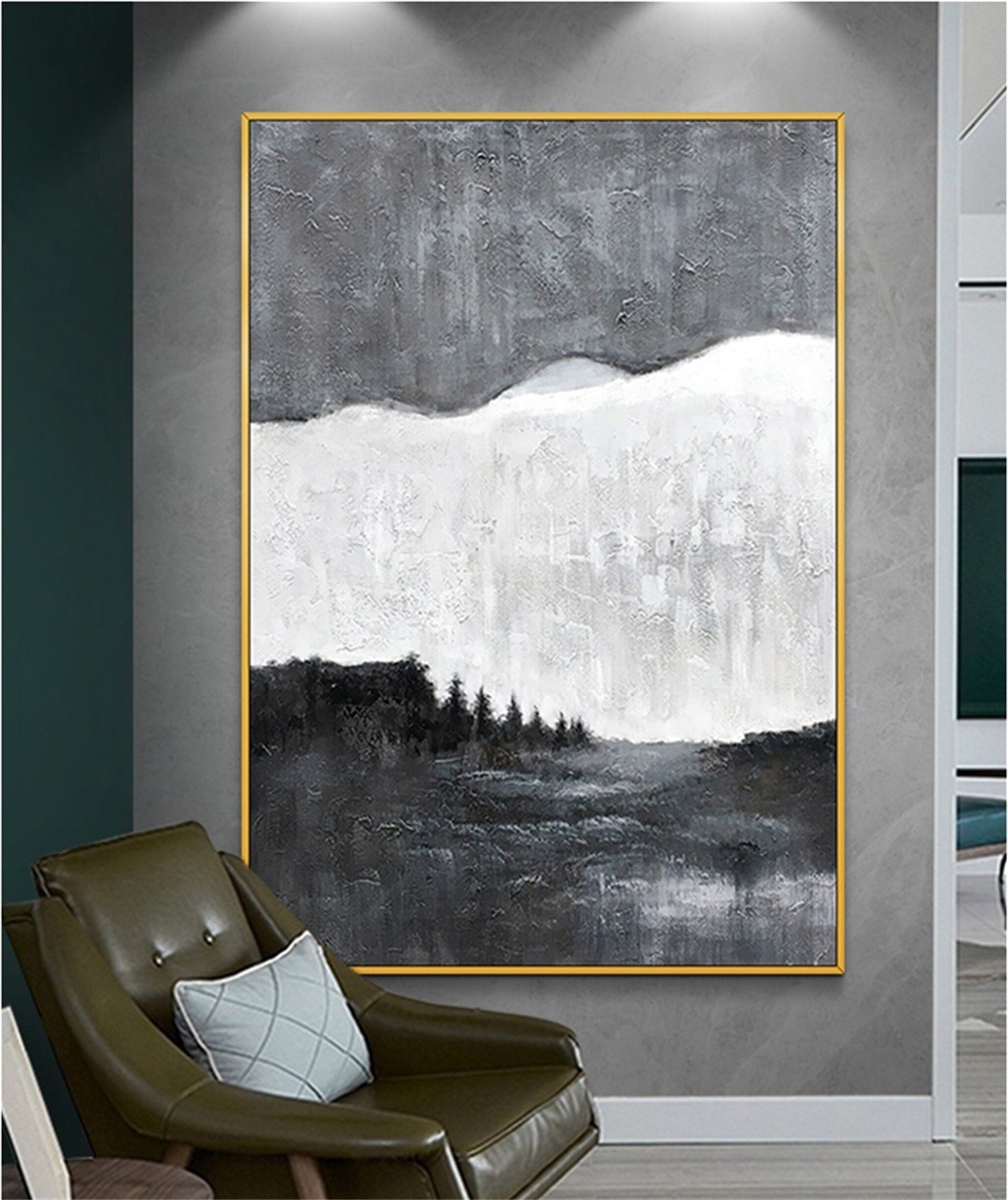 Hand painted minimalist black and white decorative painting living room bedroom hanging painting evening forest