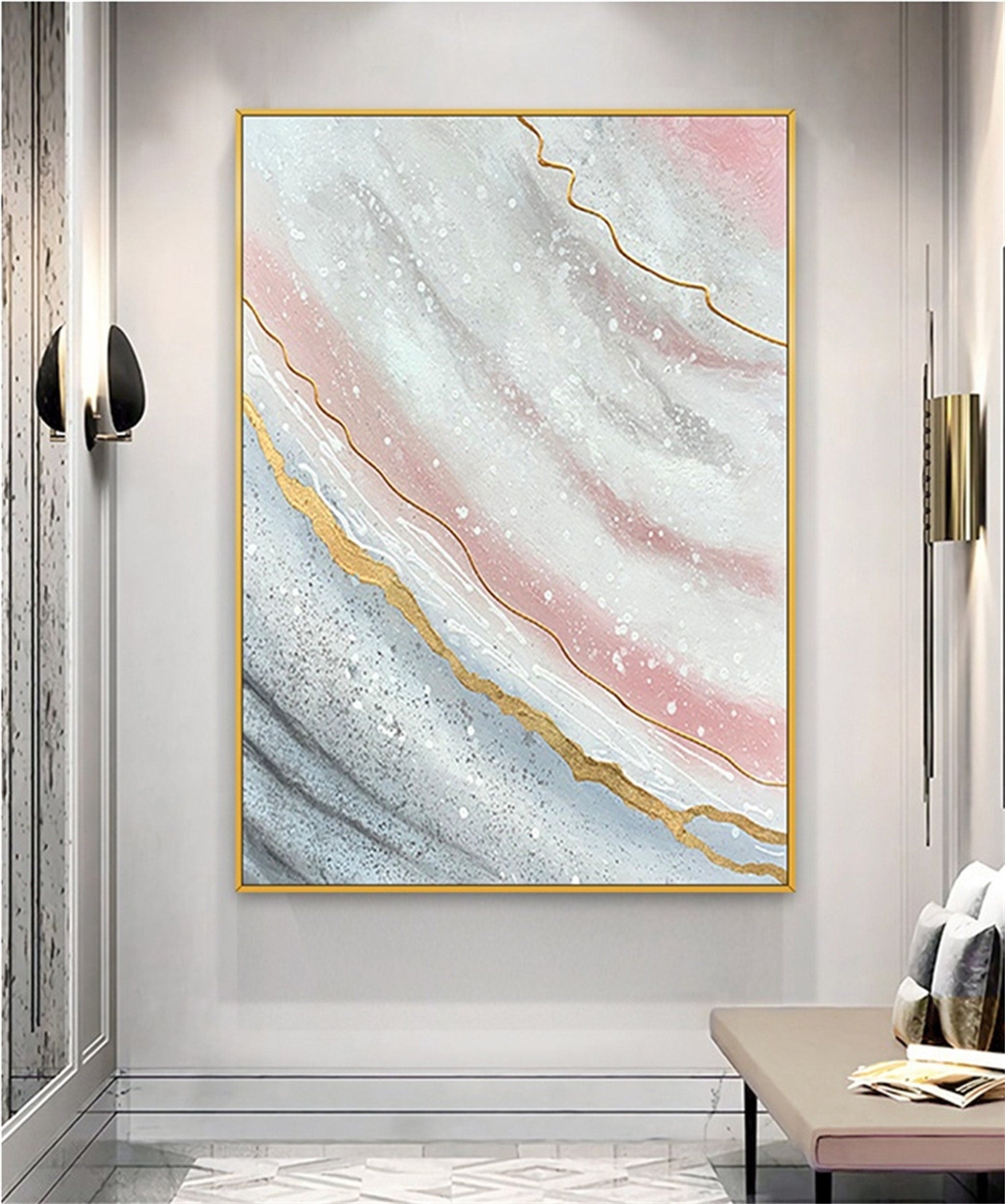 Hand painted modern simple gold line art decorative painting gold powder memory