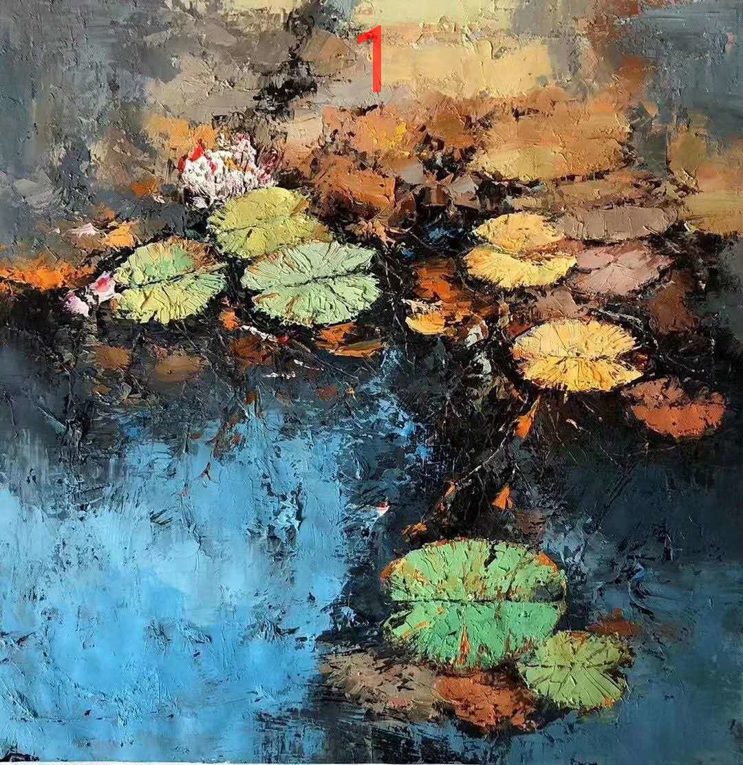 Impression of thick oil lotus oil painting, knife painting oil painting