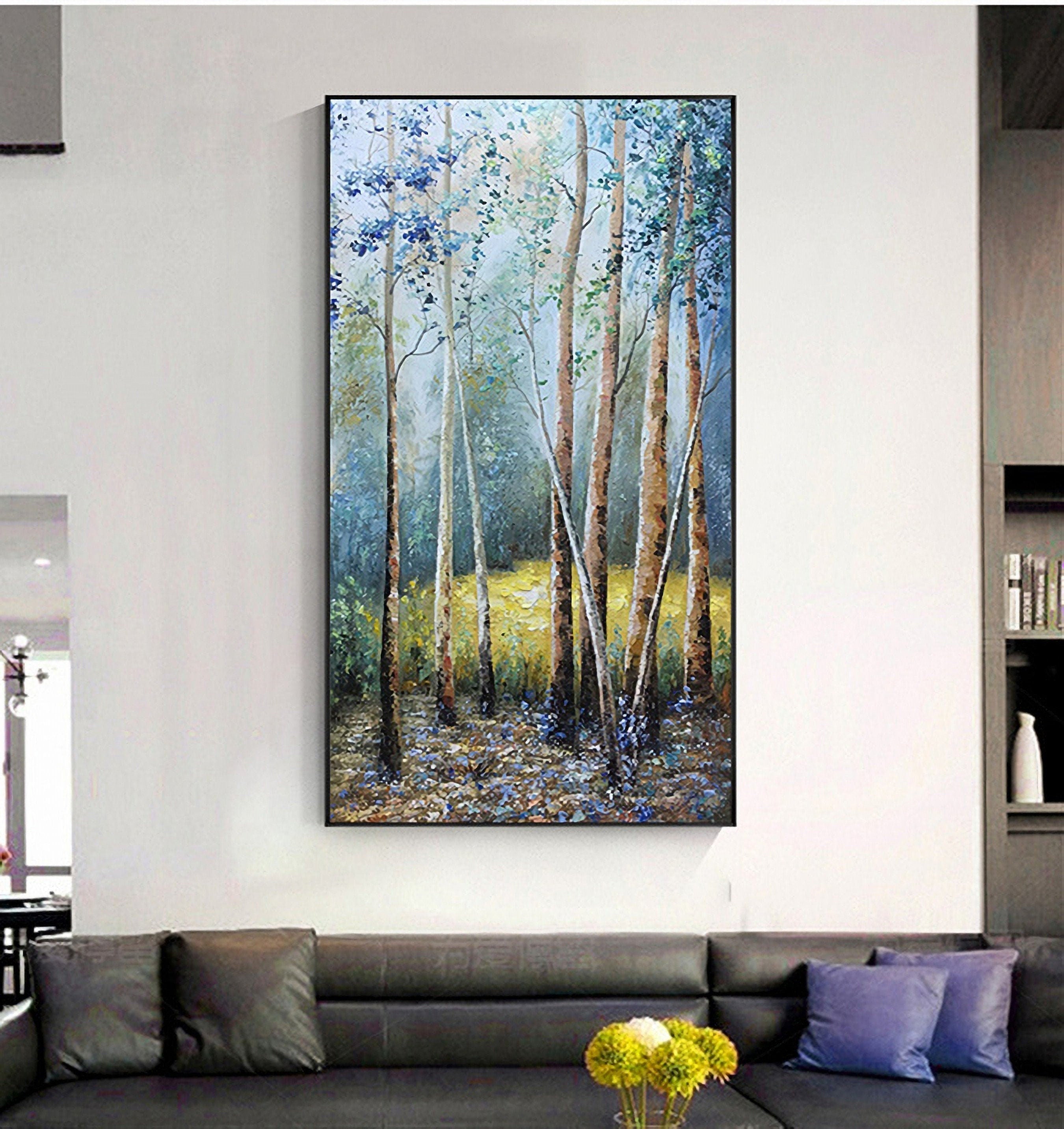 Birch Trees Oil Painting on Canvas, Abstract Landscape Wall Art, Original Tree Wall Art