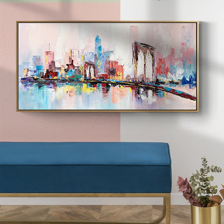 Large City Skyline Wall Art, New York City, Abstract Cityscape Oil Painting, Modern City Canvas Painting