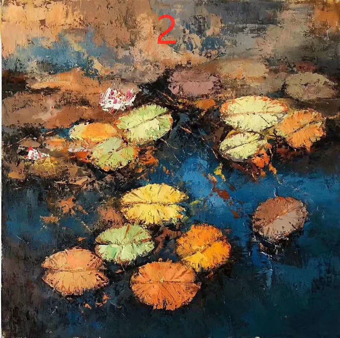 Impression of thick oil lotus oil painting, knife painting oil painting