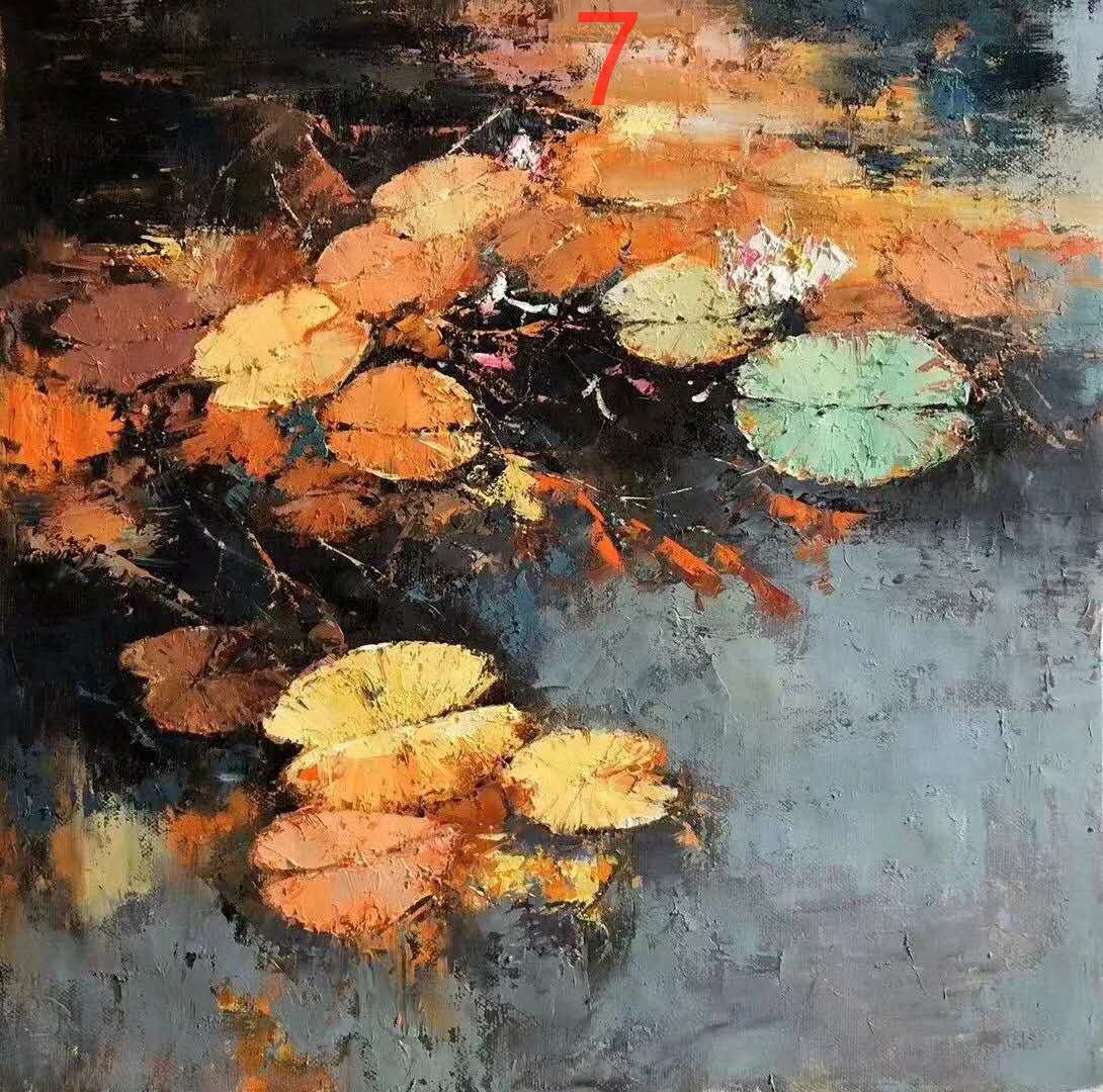 Impression of thick oil lotus oil painting, knife painting oil painting