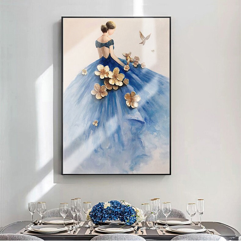 Abstract Dancer Painting, The Woman in Blue Dress Painting, Blue Canvas Wall Art, Blue Oil Painting on Canvas