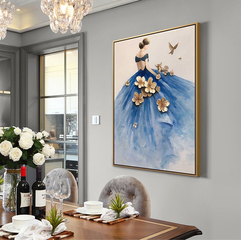 Abstract Dancer Painting, The Woman in Blue Dress Painting, Blue Canvas Wall Art, Blue Oil Painting on Canvas