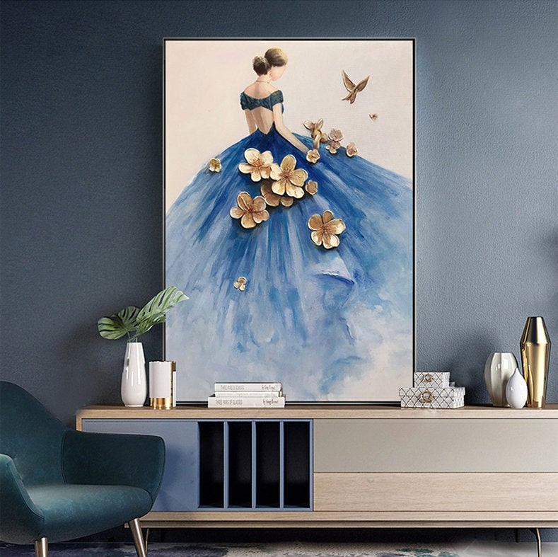Abstract Dancer Painting, The Woman in Blue Dress Painting, Blue Canvas Wall Art, Blue Oil Painting on Canvas