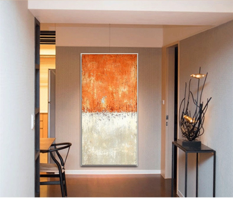 Large Abstract Acrylic Painting on Canvas, Minimalist Wall Art Canvas, Original Orange and White Abstract Canvas Art